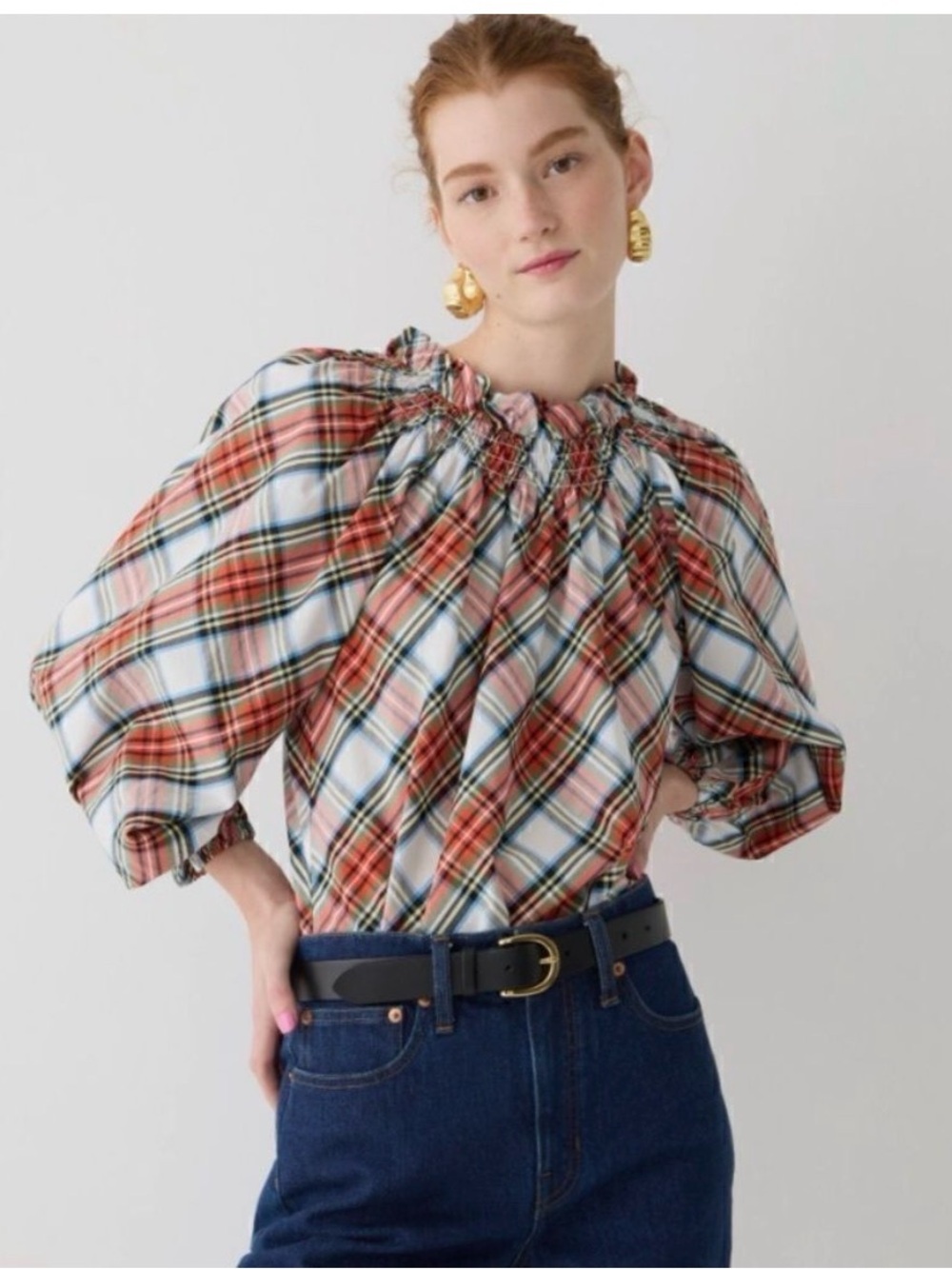 J. Crew Red Plaid Smocked Puff-Sleeve Blouse